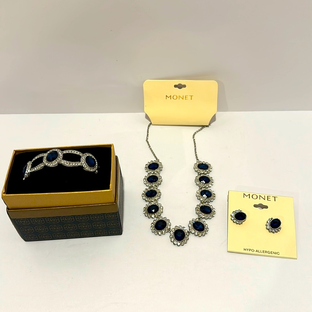 Monet Sapphire Blue Rhinestone Jewelry Set - Earrings, Necklace and Bracelet